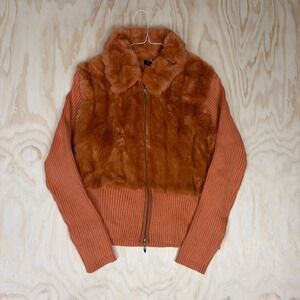 Capri Womens Burnt Orange Faux Fur Ribbed Knit Zip Front Jacket Size Large
